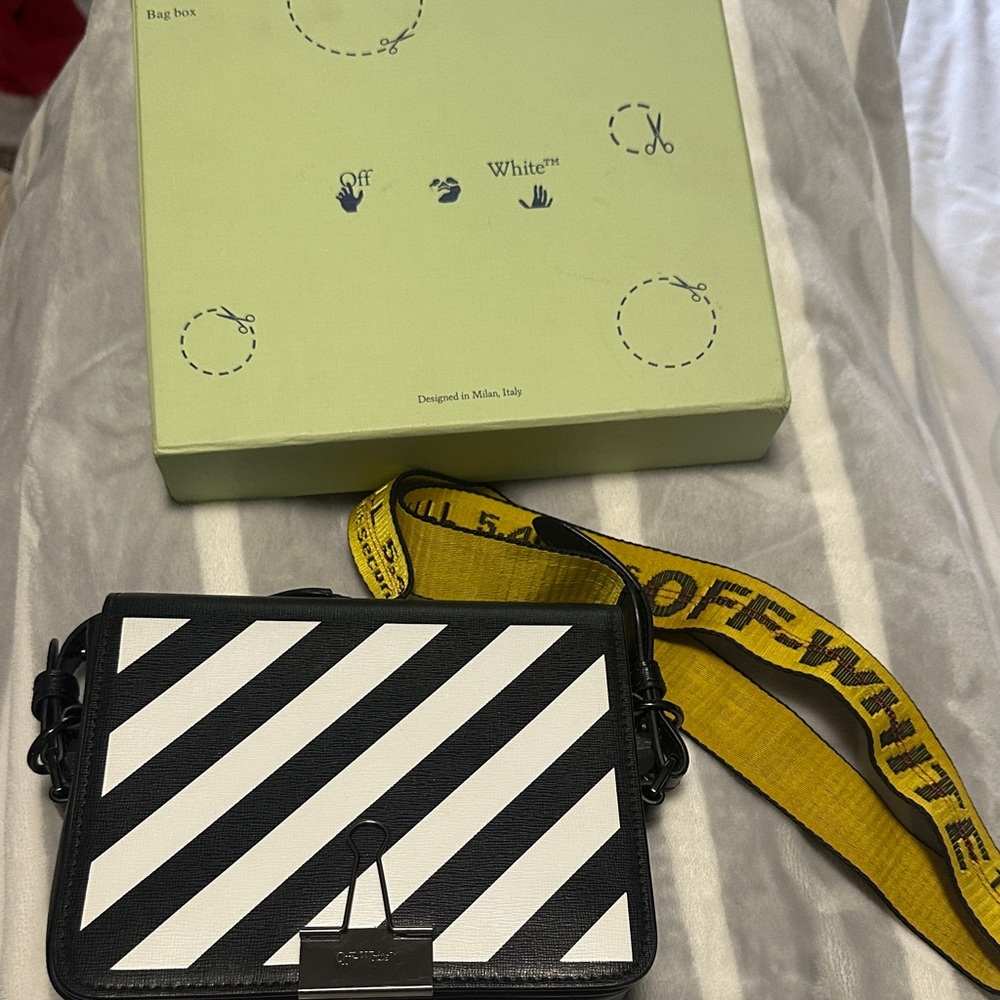 Off-White Diagonal Stripe Bag with Yellow Strap